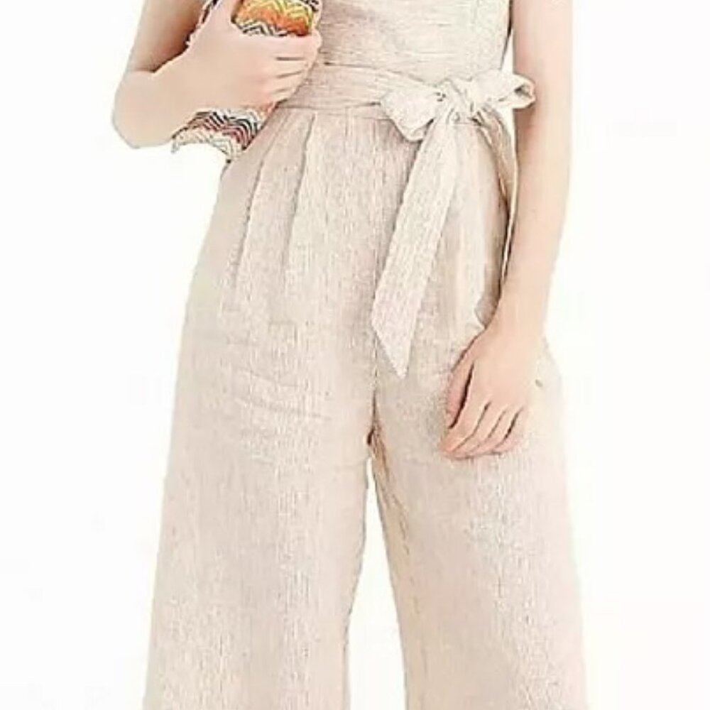 J. Crew Spaghetti Strap Jumpsuit Striped Seersucker Linen Caramel Ivory Size 4